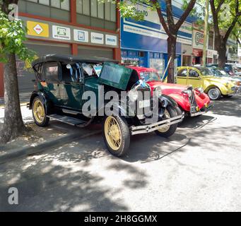 BUENOS AIRES, ARGENTINA - Nov 08, 2021: Old green Ford Model A Phaeton 1929. Expo Warnes 2021 classic car show. Copyspace Stock Photo
