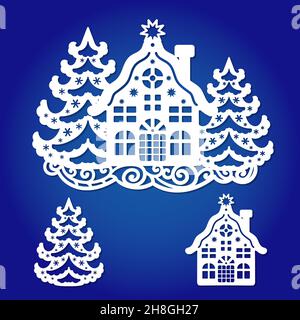 Laser cutting template. Winter house with fir trees. Vector Stock Vector
