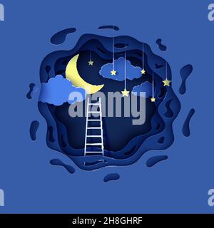 White ladder to pick the star above cloud in paper cut style. Papercut night landscape climbing on ladder to sky and trying to catch dream star Stock Vector