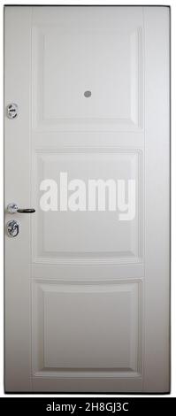 White wooden closed door with lock isolated front view
