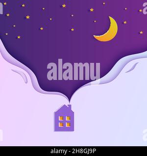 Night sky in paper cut style. Cute house with smoke from the chimney. 3d background with violet and blue gradient heaven with stars and moon papercut
