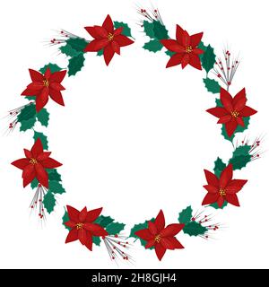 Round Christmas frame from branches and red poinsettia flower with holly leaf and berries decoration. Festive decoration for New Year and winter holidays Stock Vector