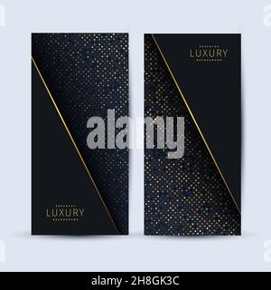 Set of two abstract 3d geometric flyers with black paper layers. Graphic design element. Gold glitter texture on black background. Vector cards of Stock Vector