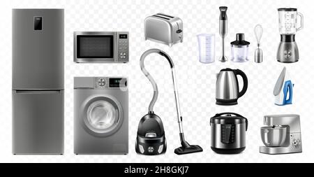A set of household appliances: microwave oven, washing machine, refrigerator, vacuum cleaner, multicooker, food processor, blender, iron, toaster. Rea Stock Vector