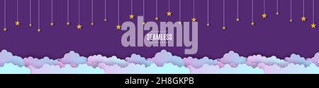 Night sky seamless pattern in paper cut style. Cut out 3d background with violet and blue gradient cloudy landscape with stars on rope papercut art Stock Vector
