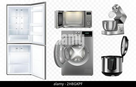A set of household appliances: microwave oven, washing machine, refrigerator, multi cooker, food processor, blender. Realistic 3D vector, isolated ill Stock Vector
