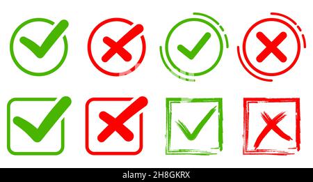Checkmark icons set. A collection of web button variants, green checkmark and red cross. approved and rejected stamp. Many options, Vector validation Stock Vector