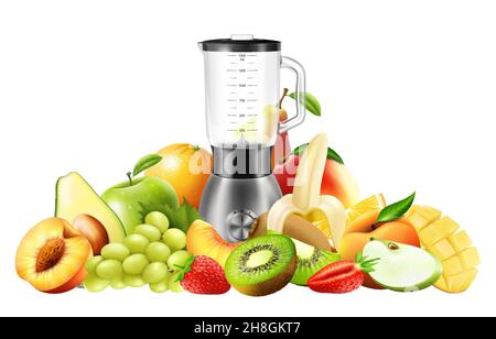 Realistic Juicer blender. Kitchen blender with set of fruits, bananas, oranges, kiwi, peach, grapes, strawberry, apple, mango, pear, avocado, isolated Stock Vector