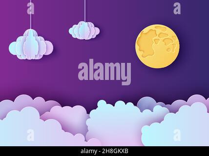 Night sky in paper cut style. Cut out 3d background with violet and blue gradient clouds on rope and full moon papercut art. Cute origami clouds Stock Vector