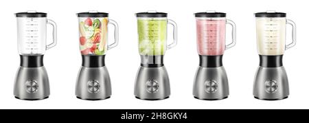 Realistic blender. Electric kitchen machine for blend smoothie. Steel mixer empty and with different types fruit detox smoothies. cooking food equipme Stock Vector