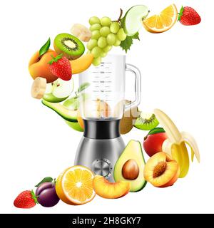 Realistic Juicer blender. Kitchen blender with set of fruits, bananas, oranges, kiwi, plum, peach, grapes, strawberry, apple, mango, pear, avocado, is Stock Vector