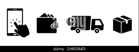 Click and collect order, vector icons set, online order, delivery truck, delivery service steps, pick up order at pickup point, payment, rating icon, Stock Vector