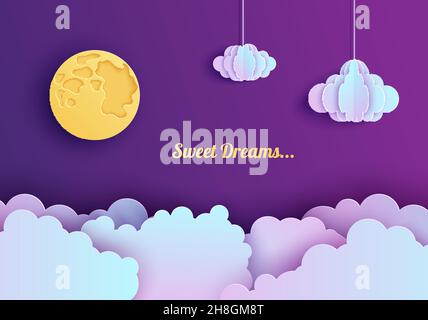 Night sky in paper cut style. Cut out 3d background with violet and blue gradient clouds on rope and full moon papercut art. Cute origami clouds Stock Vector