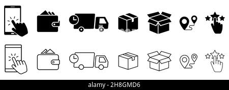 Click and collect order, vector icons set, online order, delivery truck, delivery service steps, pick up order at pickup point, payment, rating icon, Stock Vector
