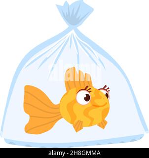 Fish swim in plastic bag. Cartoon goldfish in water Stock Vector