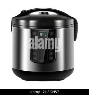 Automatic multi cooker and pressure cooker, isolated on White Background. Front View Modern Stainless Steel. Saute and Steamer. Electric Domestic Home Stock Vector