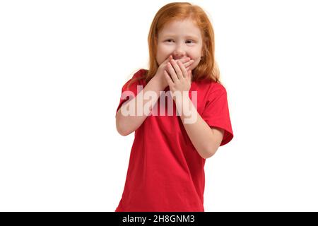 Portrait of cute redhead emotional little girl laughing isolated on a white Stock Photo