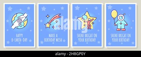 Happy cosmic birthday greeting card with color icon element set Stock Vector