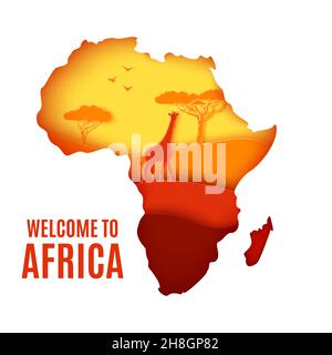 Welcome to Africa poster. African landscape in paper cut style. Silhouette of giraffe, forest trees and tropical birds in savannah. Map of Africa and Stock Vector