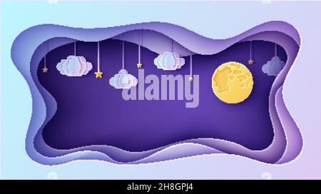 Night sky rectangular frame with stars and clouds on rope and full moon in paper cut style. Cut out 3d background papercut art. Fairy tale vector card Stock Vector