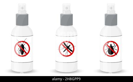 Bottle with sprayer against cockroaches, mosquitoes, ticks, isolated on white background. vector flat illustration Stock Vector