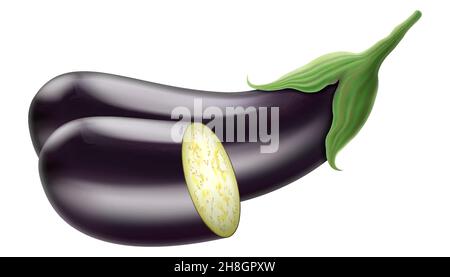 Eggplant isolated on a white background. Whole and half of fresh aubergine. Vector 3D realistic, ingredients for salad. Stock Vector