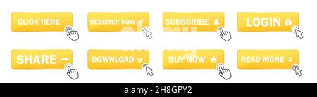 Click cursor set button with hand or mouse cursor. Computer mouse cursor or hand pointer symbol. Click here. Buttons of subscribe, register, login, sh Stock Vector