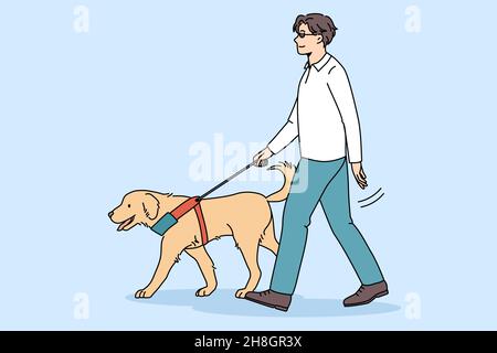 Blind man walk outdoor with guide dog assistance. Professional trained pet puppy help disabled impaired guy on streets. Visual impairment concept. Service animal and people. Vector illustration. Stock Vector