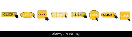 Set of colored buttons Click Here with hand or mouse cursor, isolated on white background. Click here vector web button. UI button concept. Call to Ac Stock Vector