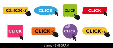 Set of colored buttons Click Here with hand or mouse cursor, isolated on white background. Click here vector web button. UI button concept. Call to Ac Stock Vector