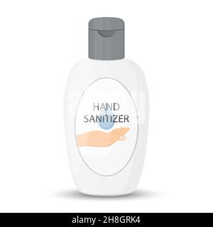 Hand sanitizer bottle isolated with pump. Washing alcohol gel used against viruses, bacteria, flu, coronavirus. Waterless hand cleaner. Handwashing. V Stock Vector
