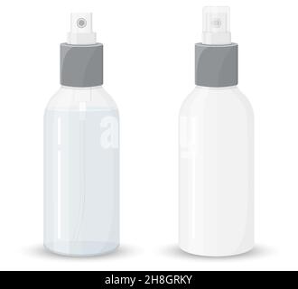 Mockup two plastic sprayer bottle transparent and white for liquid gel, soap, lotion, cream, shampoo, bath foam and other cosmetics, isolated on a whi Stock Vector