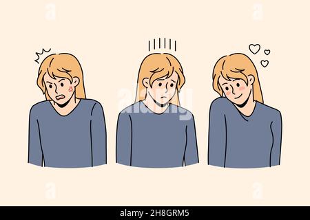 Young woman show different emotions: angry, sad and love. Millennial Caucasian girl demonstrate various moods, facial expressions. Female feel mad, unhappy or loving. Flat vector illustration. Stock Vector