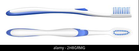 Toothbrush from different sides, isolated on white background. Realistic 3d Vector illustration, tooth brush set. Dental tool for oral hygiene. Stock Vector