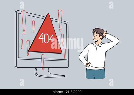 Confused male employee look at computer screen distressed with page not found error on device. Frustrated man stressed with pc malfunction, operational system breakdown. Vector illustration. Stock Vector