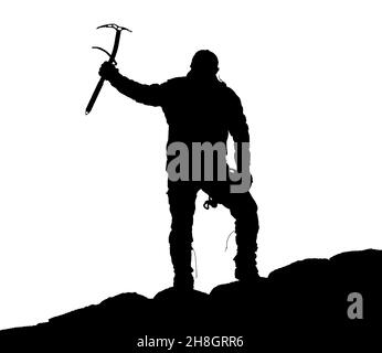 black silhouette of climber with ice axe in hand on the white background Stock Photo