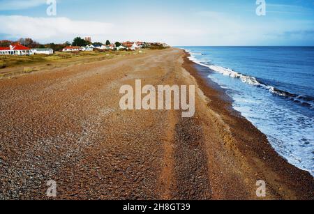 An empty Thorpness Beach looking desolate in the winter sun, Suffolk Stock Photo