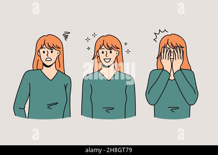 Young Caucasian woman show different emotions, frustration, happiness and fear. Millennial girl demonstrate various face expressions, feel emotional. Vector illustration, cartoon character. Stock Vector