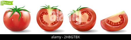 Tomatoes set, realistic 3D vector isolated on white background. Detailed 3d fresh whole, half and slices of red tomatoes. Set for salad and sauce, top Stock Vector