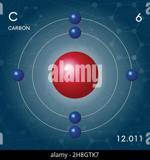 Carbon molecule illustration. Sign with atomic number and atomic weight. Chemical element of periodic table. Science, research Stock Vector