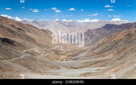 View from Khardung La or Khardungla pass to Karakoram range - Khardungla (5602m) between Leh and the Nubra valley is the highest road pass on the worl Stock Photo