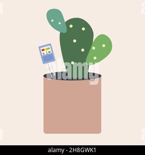 Moisture meter put in flower pot with bunny ears cactus flat illustration. Plants care, humidity, indicator, watering schedule. Horticulture Stock Vector