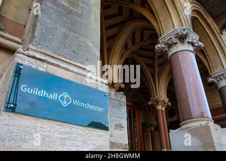 Winchester, UK - November 26th 2021: Exterior view of the entrance to Winchester Guildhall, in the city of Winchester in Hampshire, UK. Stock Photo