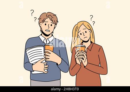 Stressed students with coffee to go and paperwork feel frustrated with exam preparation. Unhappy colleagues distressed with work deadline, prepare research. Overwork. Vector illustration. Stock Vector