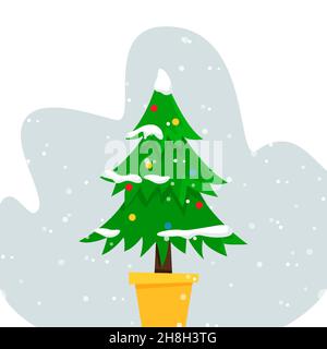 Christmas tree covered with snow vector illustration. Festive, seasonal, festive cute Christmas decorated trees with lights and ornaments in a yellow Stock Vector