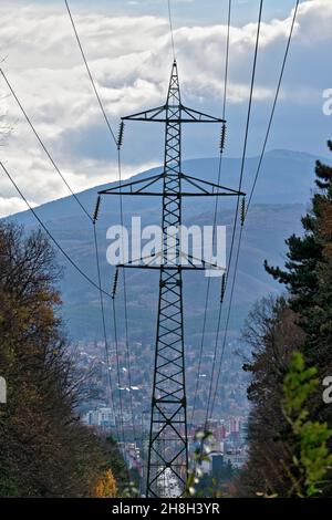 high voltage pole in mountain region,Sofia,Bulgaria,Europe, Stock Photo
