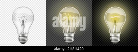 Glowing and Turned Off light bulbs. Vector 3d Realistic . Set with incandescent lamps, glowing yellow light bulbs, isolated on transparent background. Stock Vector