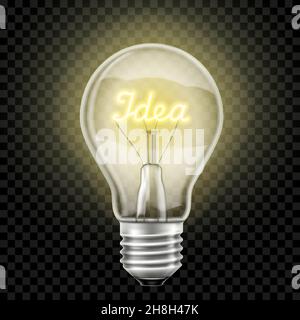 Glowing light bulb with the word idea , realistic 3D vector, isolated on a transparent background. Electricity. Stock Vector