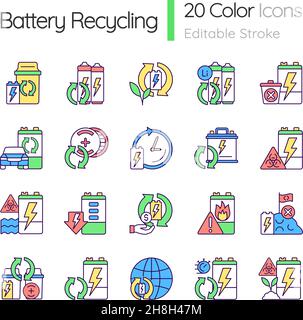 Battery recycling RGB color icons set Stock Vector