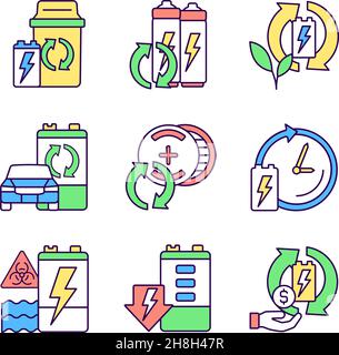 Battery processing RGB color icons set Stock Vector